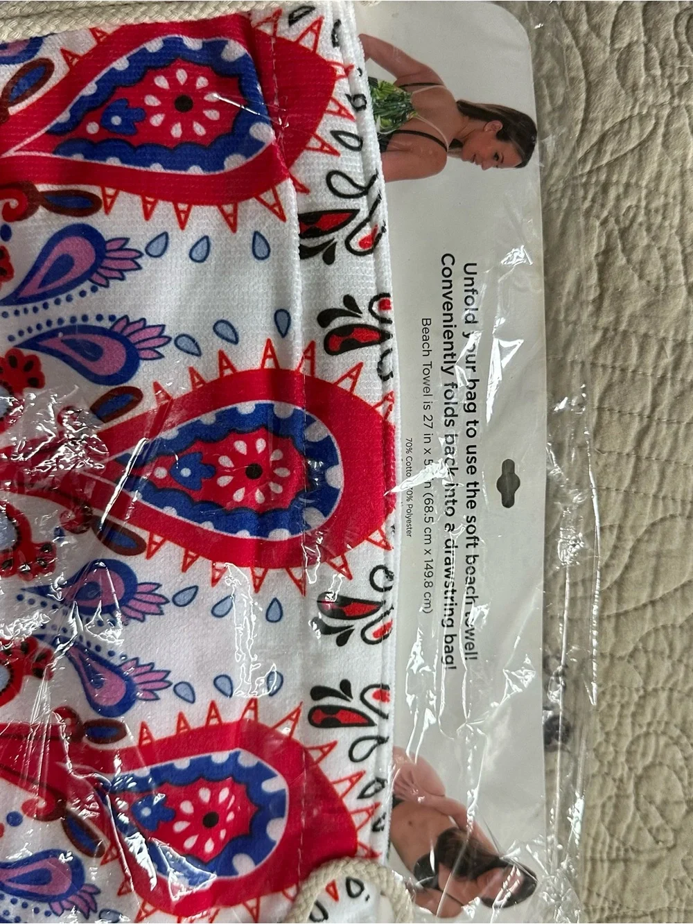 Beach Towel - White with Red and Blue Paisley Print